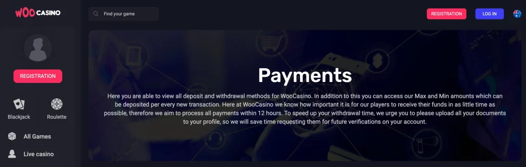 Woo Casino - Payment Options for Deposits and Withdrawals