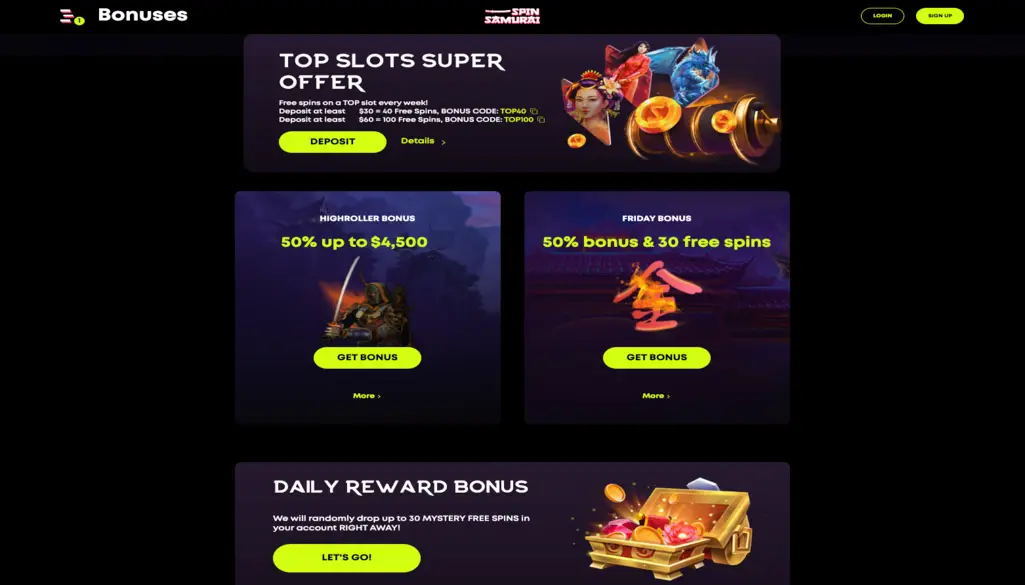 High stakes players at Spin Samurai are in for a treat with exclusive bonuses tailored to their preferences, offering bigger deposit matches and higher betting limits for those who prefer larger wagers.