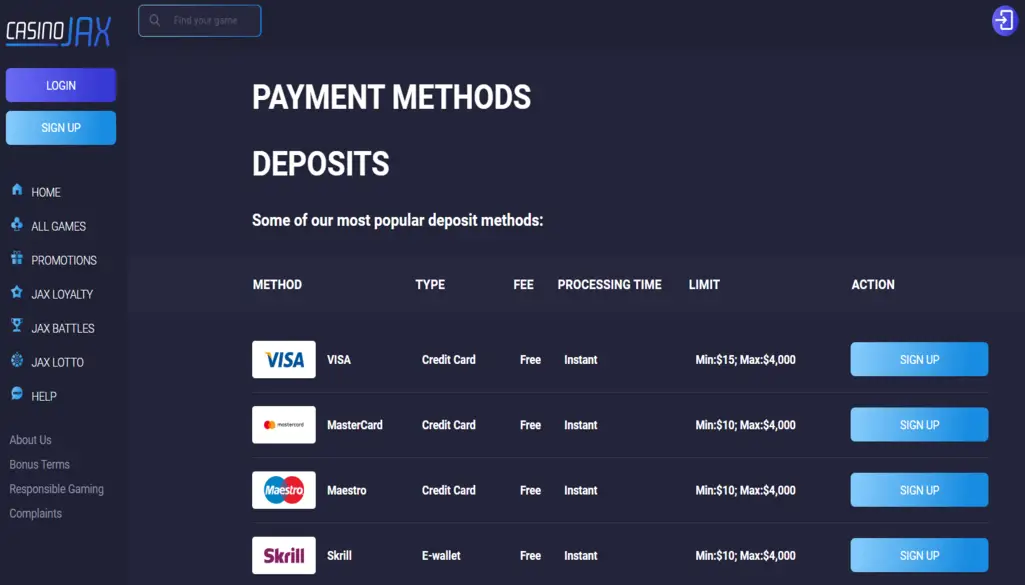 CasinoJax Payments