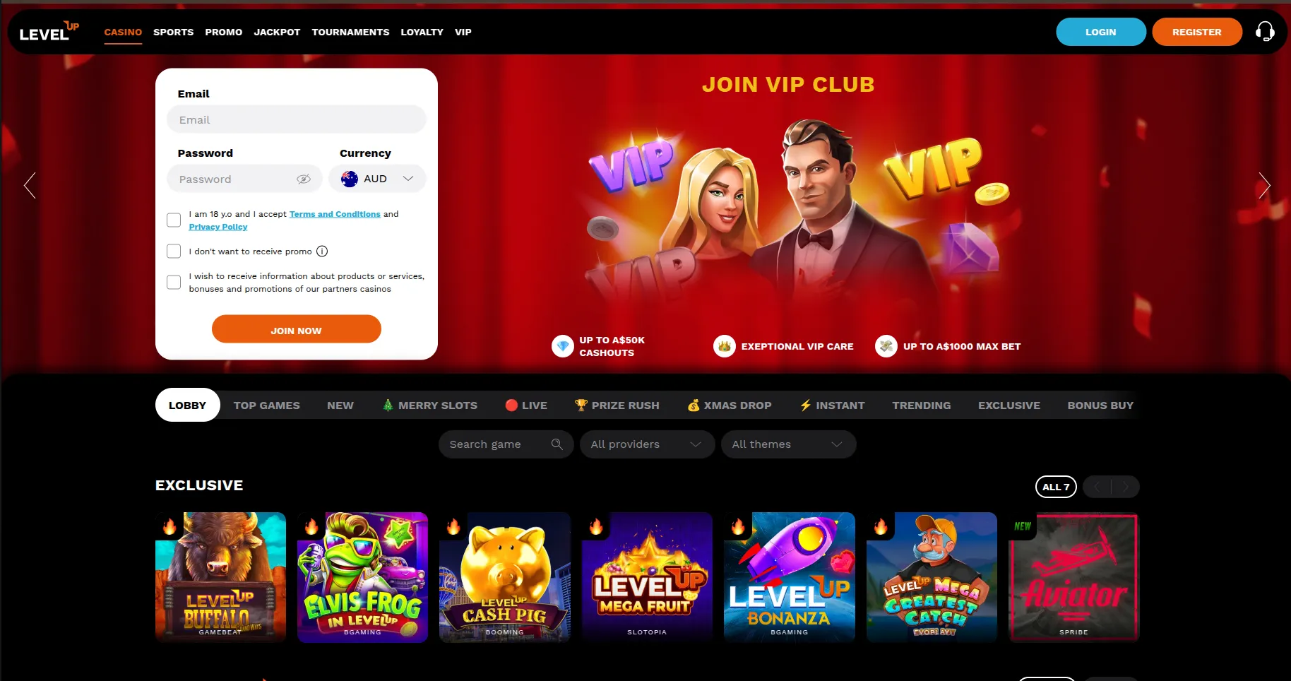 LevelUp Casino main page Screenshot